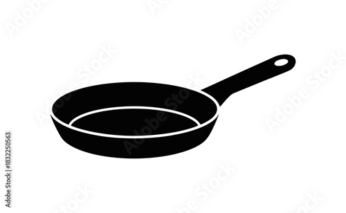 Illustration of a black frying pan with a handle and a hole on the end isolated