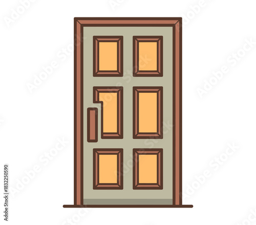 Illustration of a closed door with six rectangular panels and a handle to the side