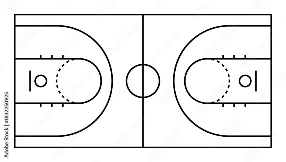 Fototapeta premium Simple basketball court outline diagram with clear markings and clean line structure, ideal for coaching sheets, strategy planning, sports graphics, and educational materials.