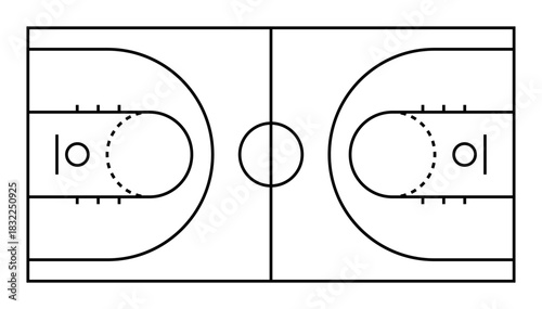 Simple basketball court outline diagram with clear markings and clean line structure, ideal for coaching sheets, strategy planning, sports graphics, and educational materials.