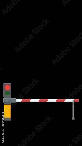 Looping 3D animation of a highway toll barrier gate opening and closing, with traffic light. Isolated on green screen with alpha channel. Concept for payment, access, or transit. (Vertical)