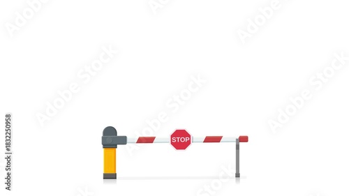 Looping 3D animation of a barrier gate opening and closing, featuring a red STOP sign. Isolated on white backround. Concept for access control, security, or private road entrance.