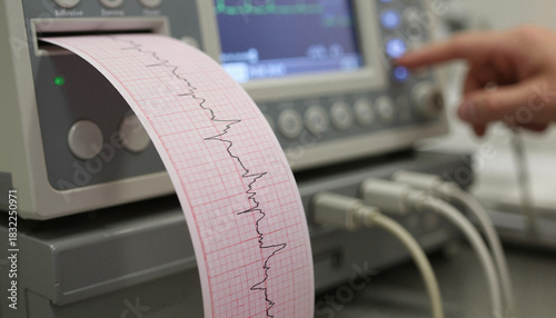 Pink electrocardiogram paper strip printing from medical device with blurred hand pressing button in clinic