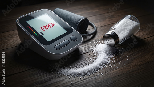 Blood pressure monitor displaying red error text next to overturned glass salt shaker on dark wood representing dietary failure
