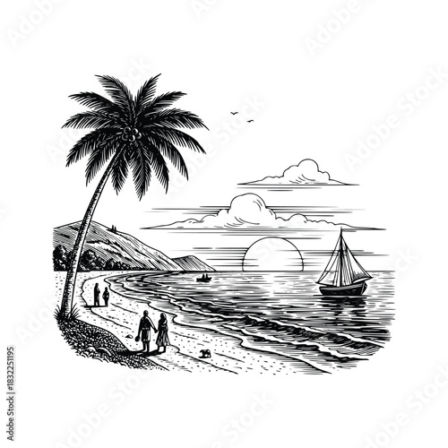 palm trees on the beach engraving outline vector art illustration design, palm tree silhouette, hand drawn beach drawing, line art palm tree, sea, beach, summer view, vintage palm tree on sea beach.	