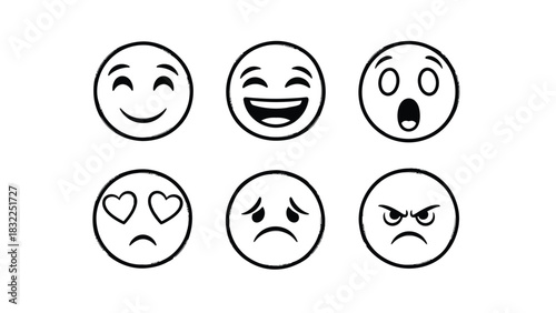 Set of six hand drawn emoji faces expressing different emotions