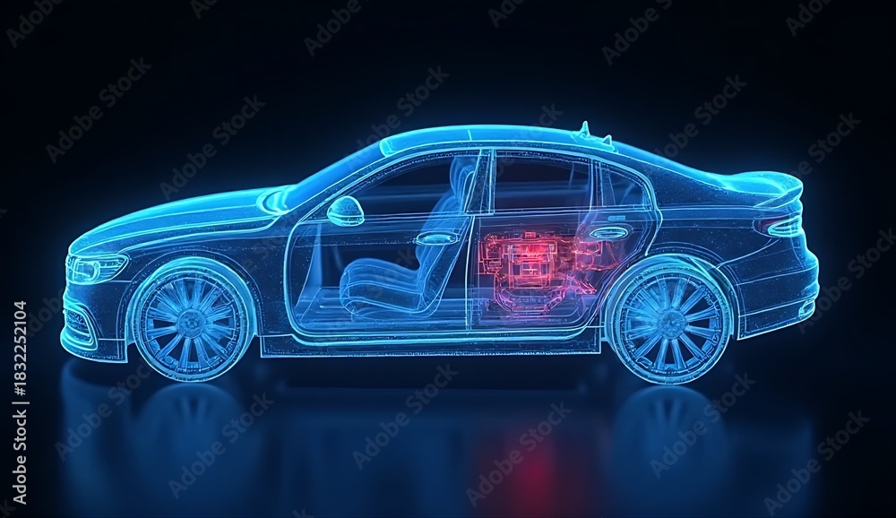 Naklejka premium Futuristic car wireframe hologram with glowing internal engine and mechanical components on dark background