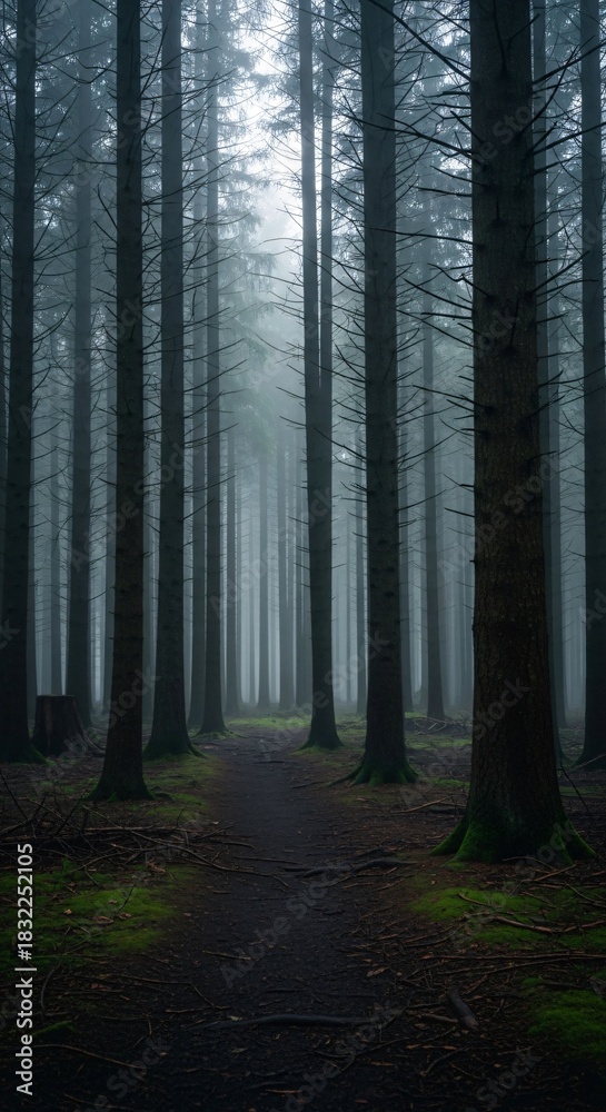 Naklejka premium Dense forest pathway through tall trees in foggy morning light