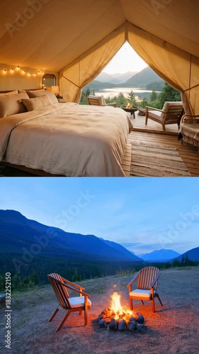 Cozy Glamping Tent Interior with Plush Bed and Mountain Lake View, Featuring an Evening Campfire