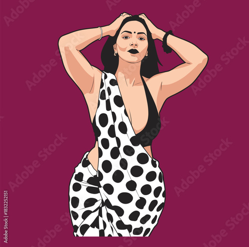 Beautiful Indian woman in a green dotted saree and blouse posing confidently and showing traditional fashion in comic pop art vector style