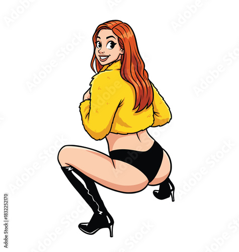 Rear view of a sexy redhead woman crouching in a yellow furry jacket and black panties smiling back over her shoulder, vector pop art