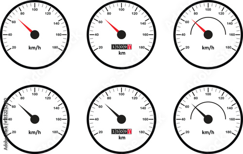 Speedometer and dashboard gauge vector icon set. Speed indicator signs collection isolated on transparent background. Ideal for vehicle dashboard design, apps, websites. Vector illustration.