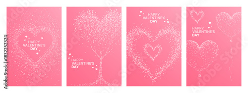 Set of pink Valentines Day greeting card designs with heart shapes made of white glitter. Festive decoration for romantic holiday flyers and invitations.