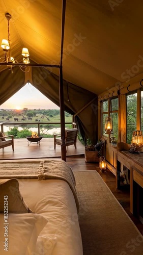 Luxurious African Safari Tent Bedroom with a Stunning Sunset View of Wildlife on the Savanna
