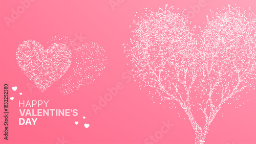 Happy Valentines Day text with heart shape made of glitter on pink background. Romantic greeting card design for February 14 holiday.