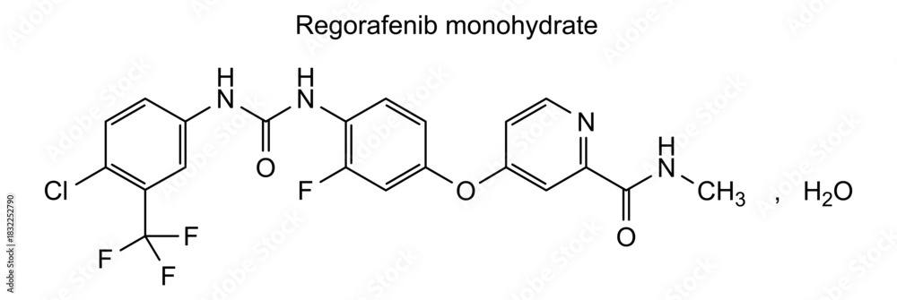 Obraz premium Regorafenib monohydrate, chemical structure of regorafenib monohydrate, drug substance