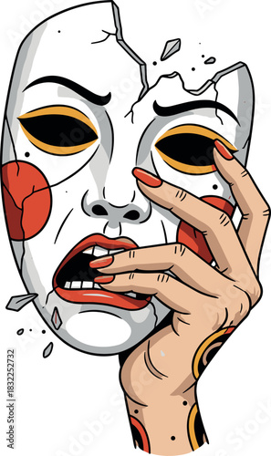 A hand holding a broken mask with red circles on the cheek area