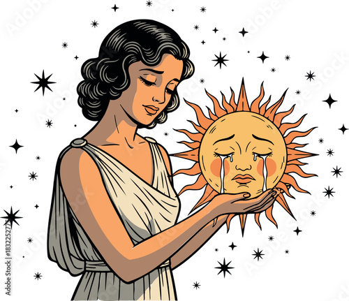 Woman in white dress holding a crying sun surrounded by stars art