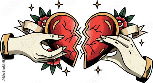 Two hands holding a broken heart with banner roses and star accents