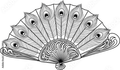 Ornate fan illustration with peacock feathers and art nouveau design