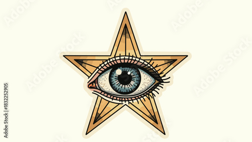 An eye with blue iris is in the center of a golden star illustration