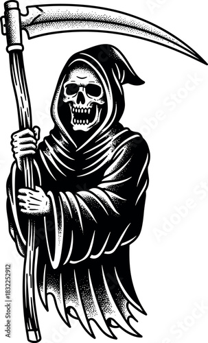 Grim reaper illustration holding a scythe on a white background