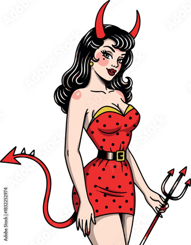 Cartoon devil woman with horns and tail holding a trident on white