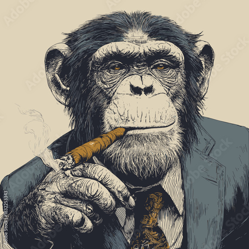 Vector illustration of a portrait of a chimpanzee smoking a cigar