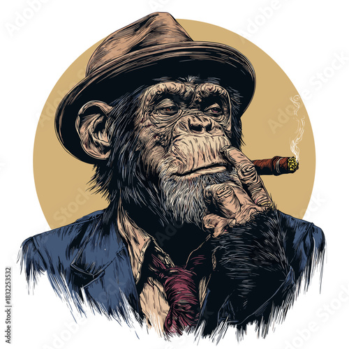Vector illustration of a portrait of a chimpanzee smoking a cigar