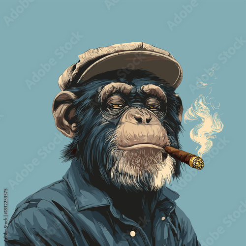 Vector illustration of a portrait of a chimpanzee smoking a cigar