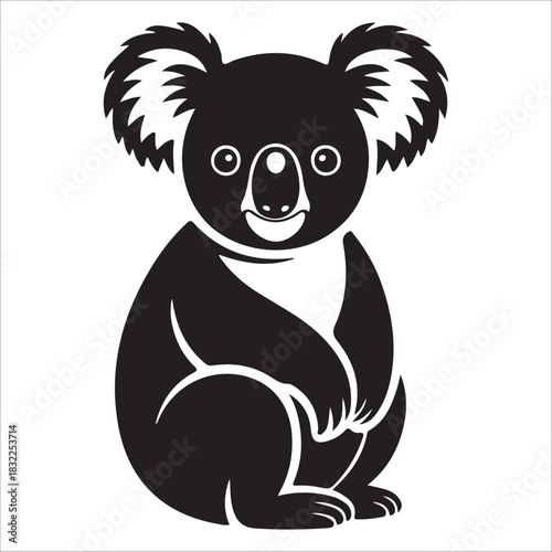 Stylized black and white silhouette  vector illustration of a cute koala