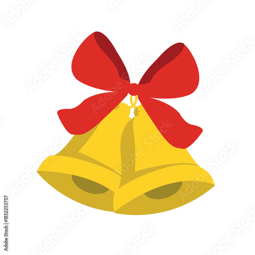 Icon of Double Christmas Bells in Gold with Large Red Bow, Flat Vector Illustration Isolated on White Background, Symbol of Festivities.