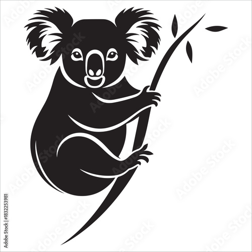 Stylized black and white silhouette  vector illustration of a cute koala