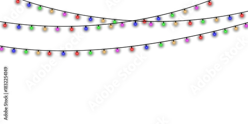 Colorful string lights in a curve isolated on transparent background