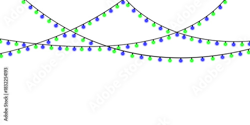 Green and blue christmas lights strung across a dark background isolated on transparent background