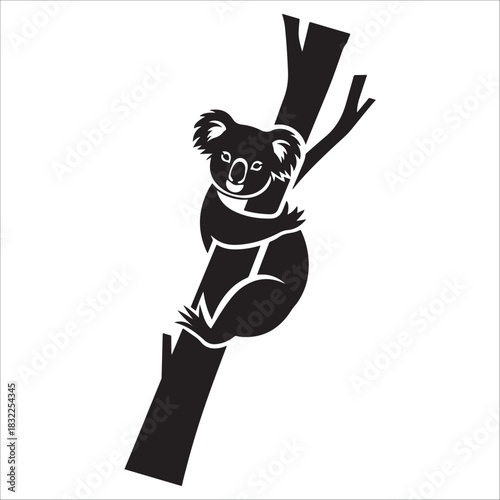 Stylized black and white silhouette  vector illustration of a cute koala
