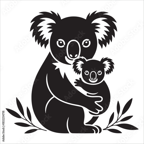  Stylized black and white silhouette vector illustration of a cute koala