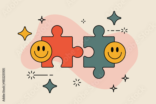 Connected puzzle pieces with smiley faces forming a partnership concept of business solutions