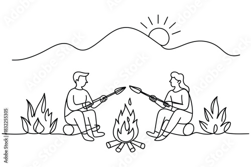Campfire scene with couple roasting marshmallows and enjoying the sunset on a mountain outline style vector illustration