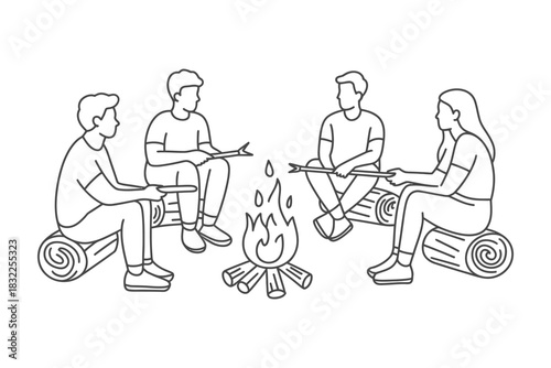 Friends gathered around a campfire sharing stories and enjoying the warmth of the flames line art illustration