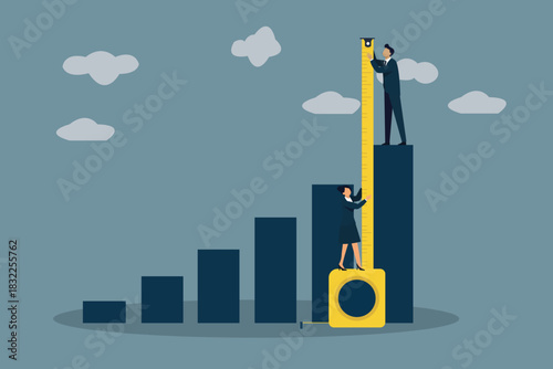 Business Performance Measurement, Growth and Success Concept. Businessman Measuring Progress on Growing Bar Chart with Tape Measure.