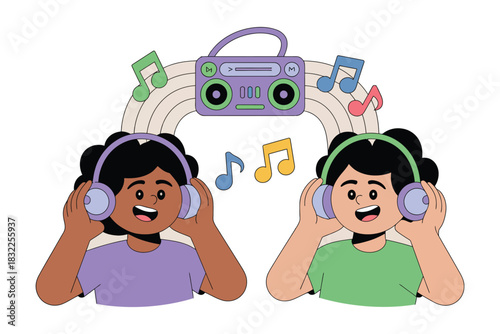 Diverse children listening to music with headphones and a boombox illustration cheerful and vibrant
