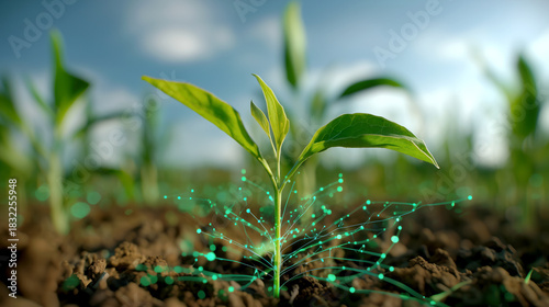 Young corn seedling growing in soil with glowing network lines. Smart agriculture concept for farming innovation and digital technology use in cultivation.