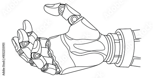 Robotic hand giving a thumbs up gesture in a black and white line art illustration