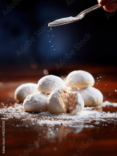 Close up of a plate of powdered sugar on a table. The sugar is sprinkled on top of a plate of cookies