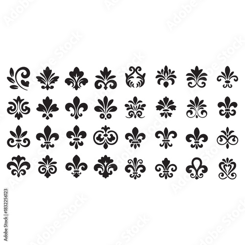 Collection of Black Fleur-de-lis and Ornate Decorative Elements Keywords: fleur de lis, ornament