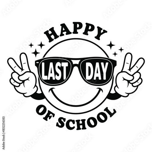 Celebrating happy last day of school with peace sign and sunglasses on smiling face