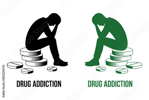 Two stylized figures sit dejectedly on stacks of coins next to pills, symbolizing drug addiction.