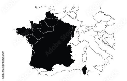 France map silhouette with region highlighted in black and white