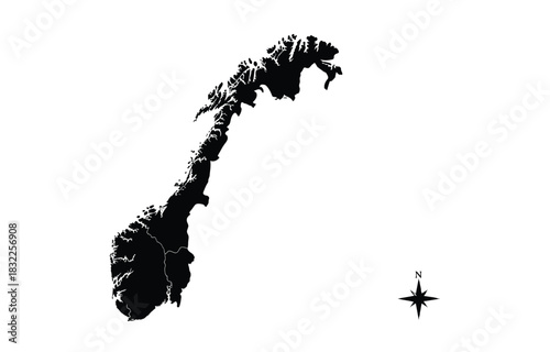 Norway map silhouette with compass rose on white background